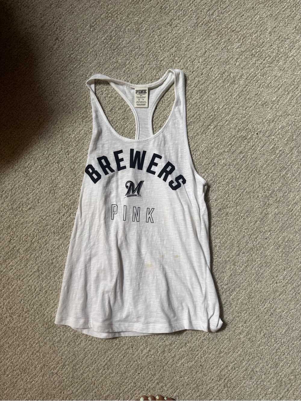 Brewers PINK Racerback Tank Top in White with Navy Lettering
